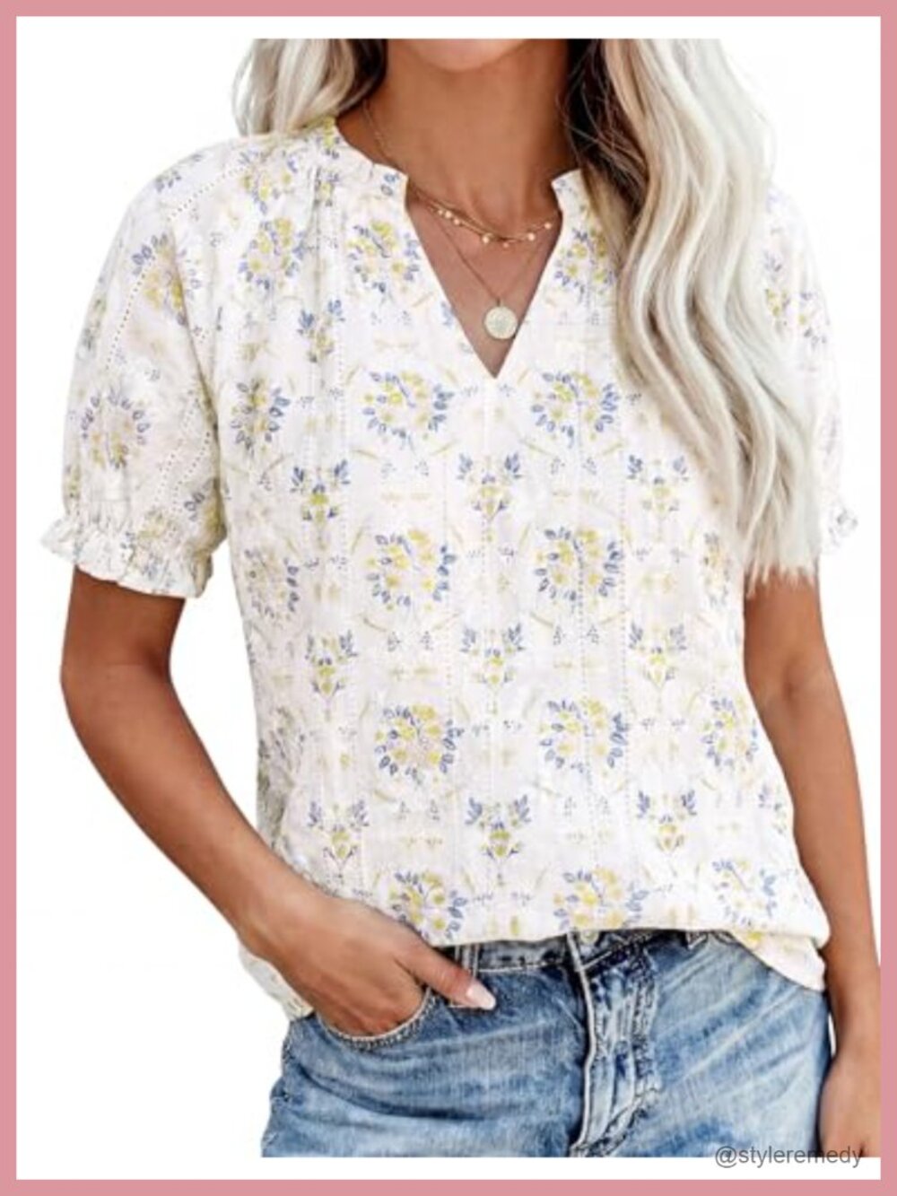 Womens Floral V-Neck Ruffle Short Sleeve Blouse Loose Fit Summer Top